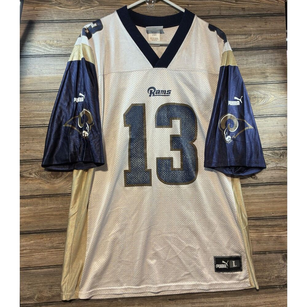 VTG St Louis Rams Kurt Warner 13 Puma Jersey White Gold Men's Size L 90s Y2K NFL